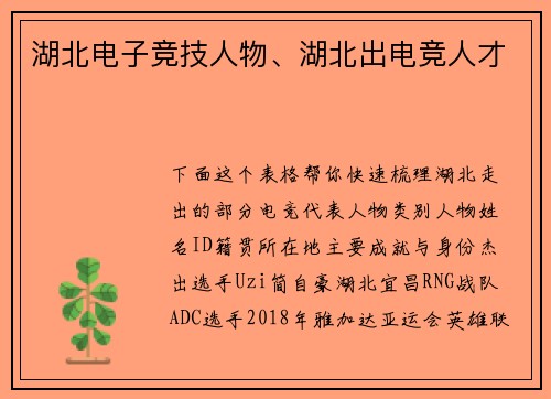 湖北电子竞技人物、湖北出电竞人才